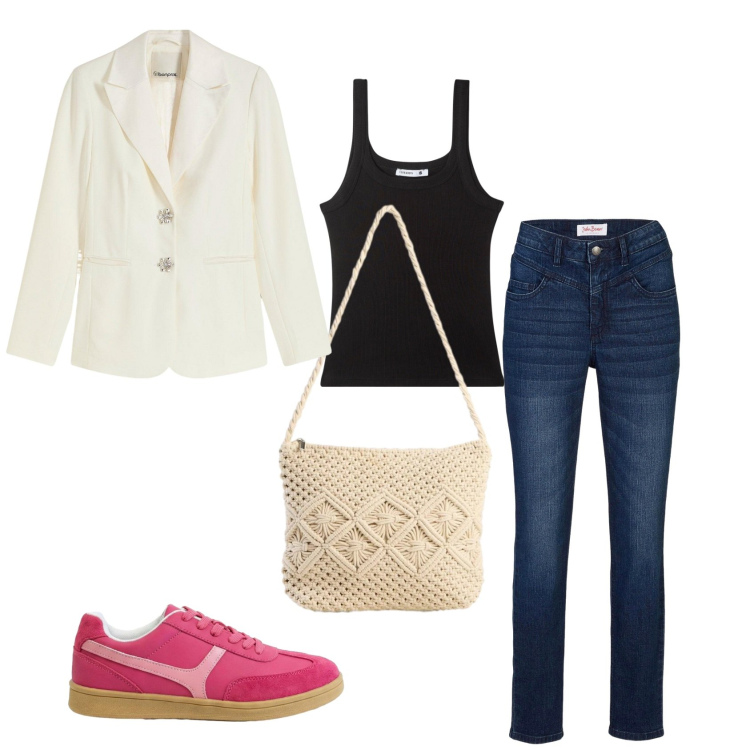 Outfit donna - Tempo libero in città. Stile Urban per Tutti i giorni. Abbinamento con jeans skinny, blazer, sneakers, borse a tracolla, canottiere.