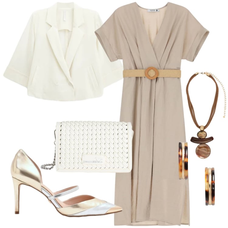 Outfit donna - Eleganza. Stile Basic per Serata fuori. Abbinamento con décolleté, blazer, borse a tracolla, vestiti midi/longuette, ciondoli, orecchini.