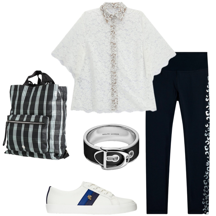 Outfit donna - Comodità. Stile Casual per Tutti i giorni. Abbinamento con zaini, camicie a manica corta, leggings, sneakers, anelli.