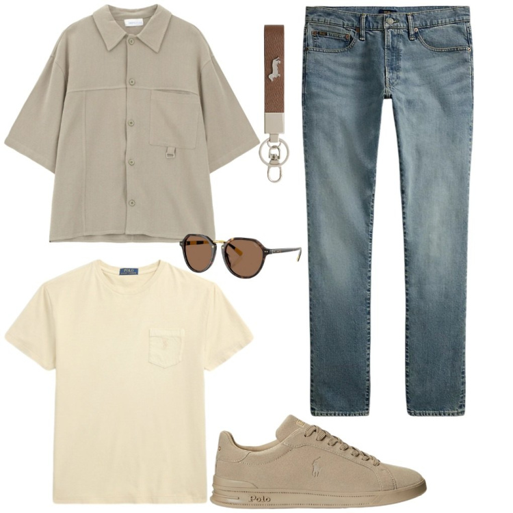 Outfit uomo - G. Tra la sabbia e il mare. Stile Trendy per Tutti i giorni. Abbinamento con camicie a manica corta, portachiavi, jeans, occhiali da sole, sneakers, t-shirt.