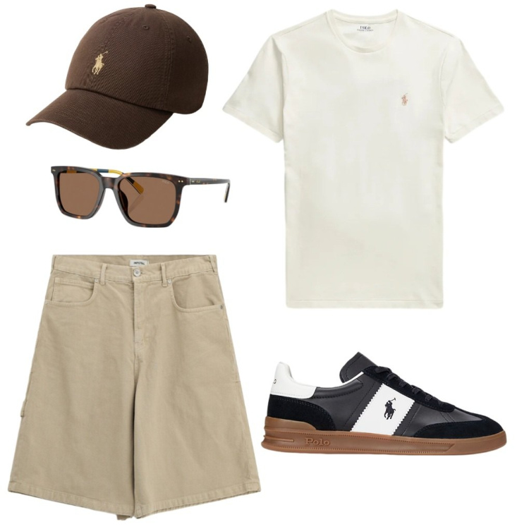 Outfit uomo - G. Sulla fronte. Stile Urban per Tutti i giorni. Abbinamento con bermuda, occhiali da sole, sneakers, t-shirt, cappelli con visiera.