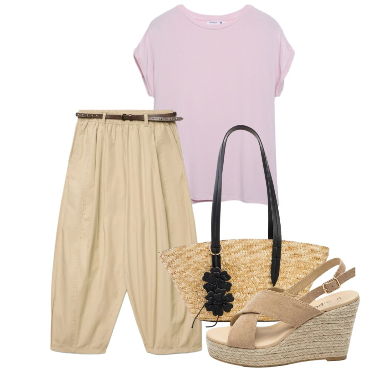 Outfit donna - Giugno. Stile Bon Ton per Tutti i giorni. Abbinamento con shopping bag, sandali col tacco, t-shirt, pantaloni.