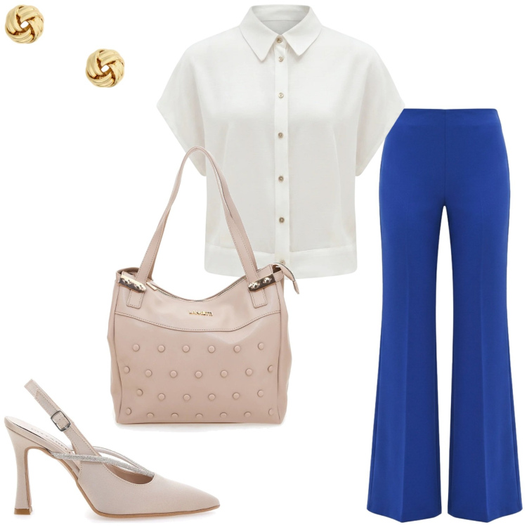 Outfit donna - Elegante in ufficio. Stile Glamour per Ufficio. Abbinamento con pantaloni a palazzo, camicie a manica corta, orecchini, décolleté, shopping bag.