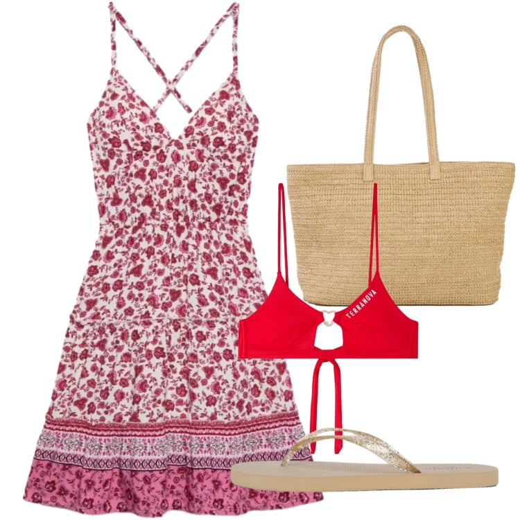 Outfit donna - Giugno. Stile Romantica per Tutti i giorni. Abbinamento con shopping bag, bikini, infradito, vestiti corti.