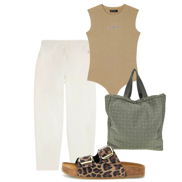 Outfit donna - Summer Energy. Stile Basic per Tutti i giorni. Abbinamento con top, pantaloni, shopping bag, ciabatte.