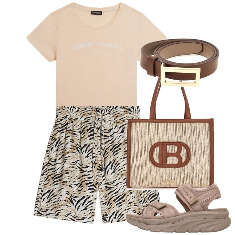 Outfit donna - Summer Energy. Stile Basic per Tutti i giorni. Abbinamento con bermuda, t-shirt, borse a spalla, sandali, cinture.
