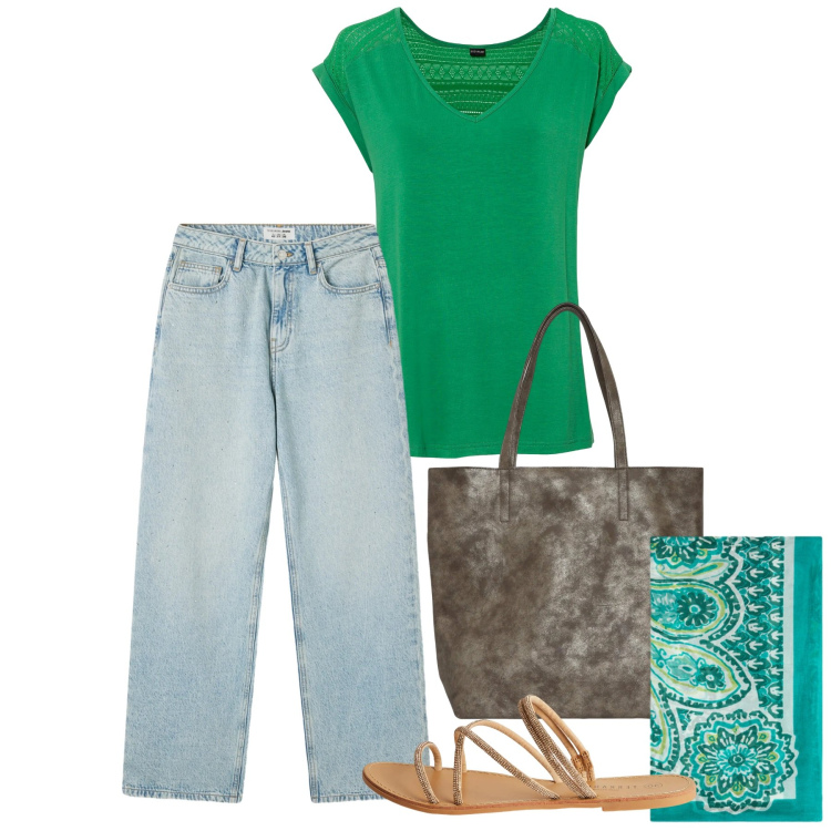 Outfit donna - Colori d’estate - Focus Donna Curvy Ital. Stile Casual per Tutti i giorni. Abbinamento con maglieria, shopping bag, sandali, jeans, foulard.