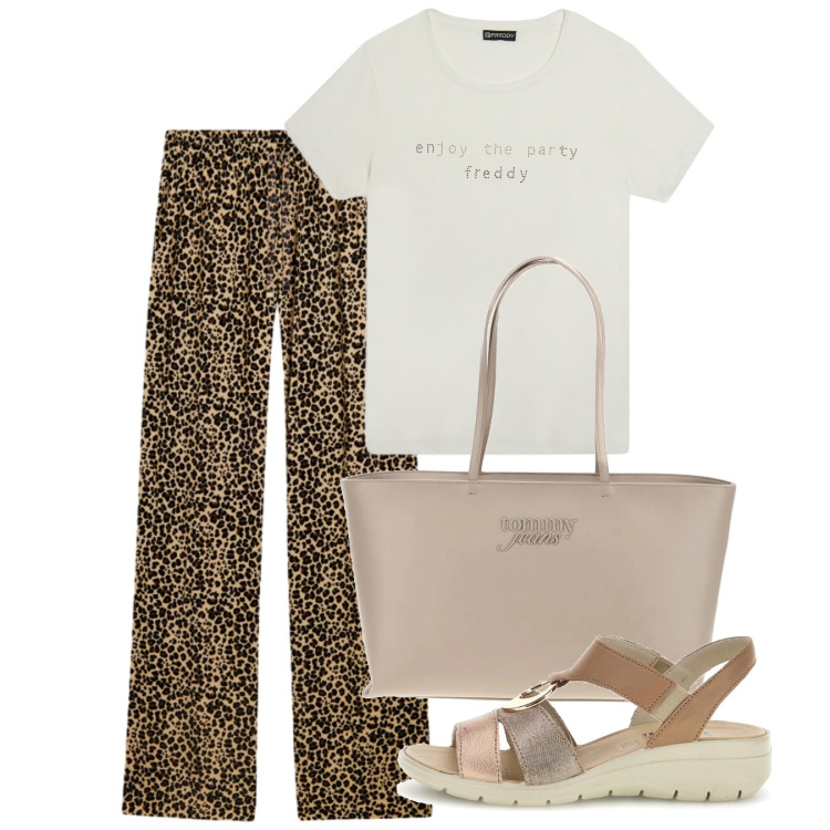 Outfit donna - Summer Energy. Stile Basic per Tutti i giorni. Abbinamento con pantaloni, t-shirt, sandali, borse a spalla.