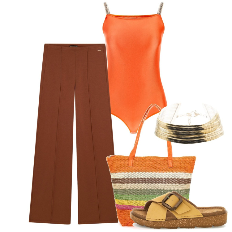 Outfit donna - Summer Energy. Stile Basic per Tutti i giorni. Abbinamento con pantaloni, top, braccialetti, ciabatte, shopping bag.