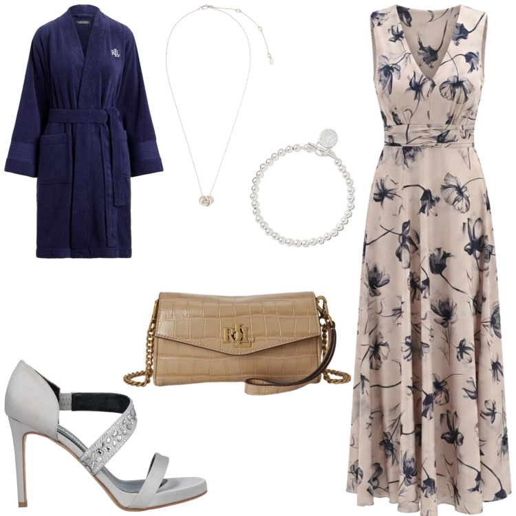 Outfit donna - L\'outfit da cerimonia. Stile Glamour per Cerimonia. Abbinamento con sandali in pelle, vestiti lunghi, braccialetti, portafogli, accappatoi, ciondoli.
