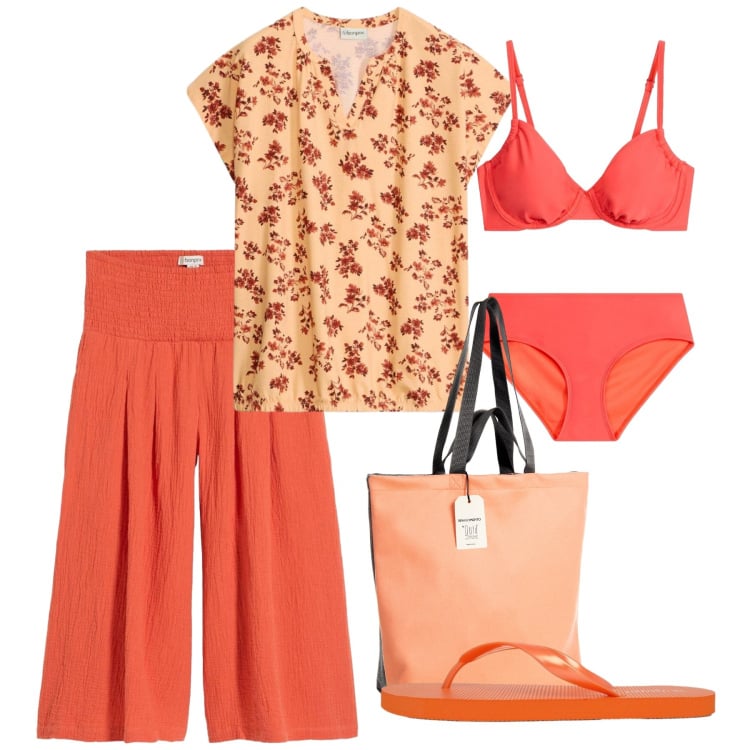 Outfit donna - Colori d’estate - Focus Donna Curvy Ital. Stile Bon Ton per Mare. Abbinamento con pantaloni, t-shirt, bikini, infradito, borse tote.