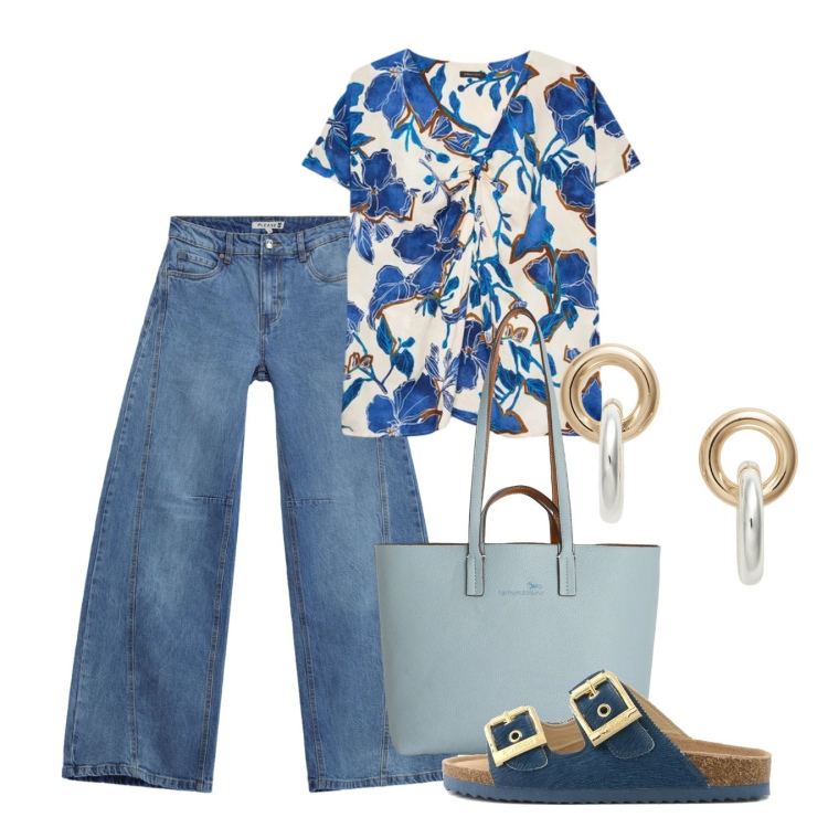 Outfit donna - Colori d’estate - Focus Donna Curvy Ital. Stile Bon Ton per Tutti i giorni. Abbinamento con shopping bag, jeans, bluse, orecchini, sandali in pelle.