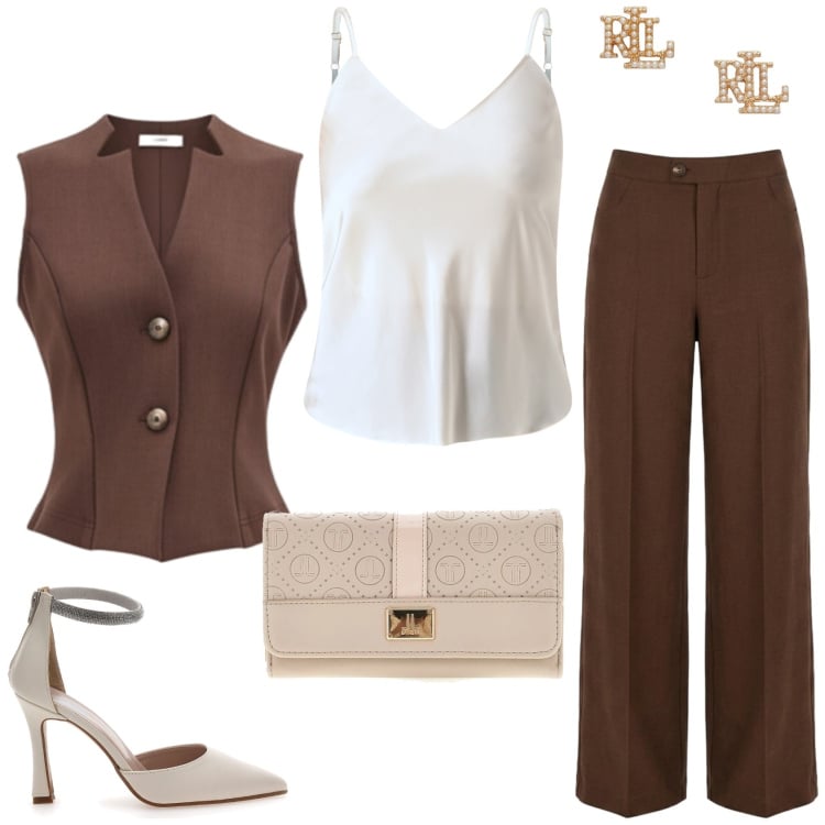 Outfit donna - Per un incontro nel pomeriggio. Stile Glamour per Serata fuori. Abbinamento con gilet, top, pantaloni a palazzo, orecchini, décolleté, portafogli.