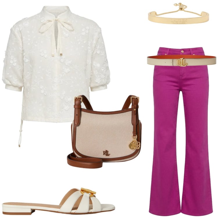 Outfit donna - Casual chic mediterraneo. Stile Casual chic per Serata fuori. Abbinamento con pantaloni, bluse, borse a tracolla, ciabatte, cinture, braccialetti.