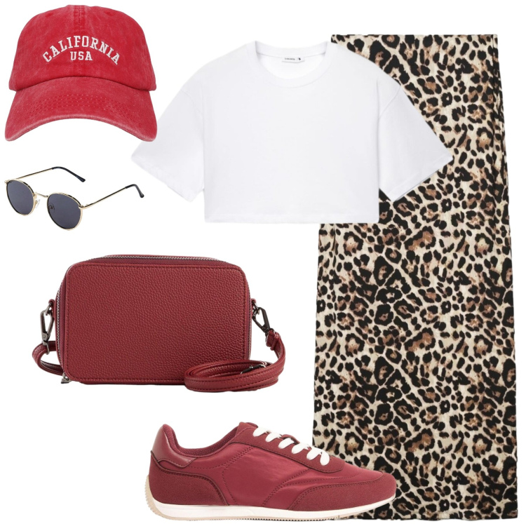 Outfit donna - Tra Leopardo e Bordeaux. Stile Urban per Tutti i giorni. Abbinamento con occhiali da sole, sneakers, borse a tracolla, gonne lunghe, cappelli con visiera, t-shirt.