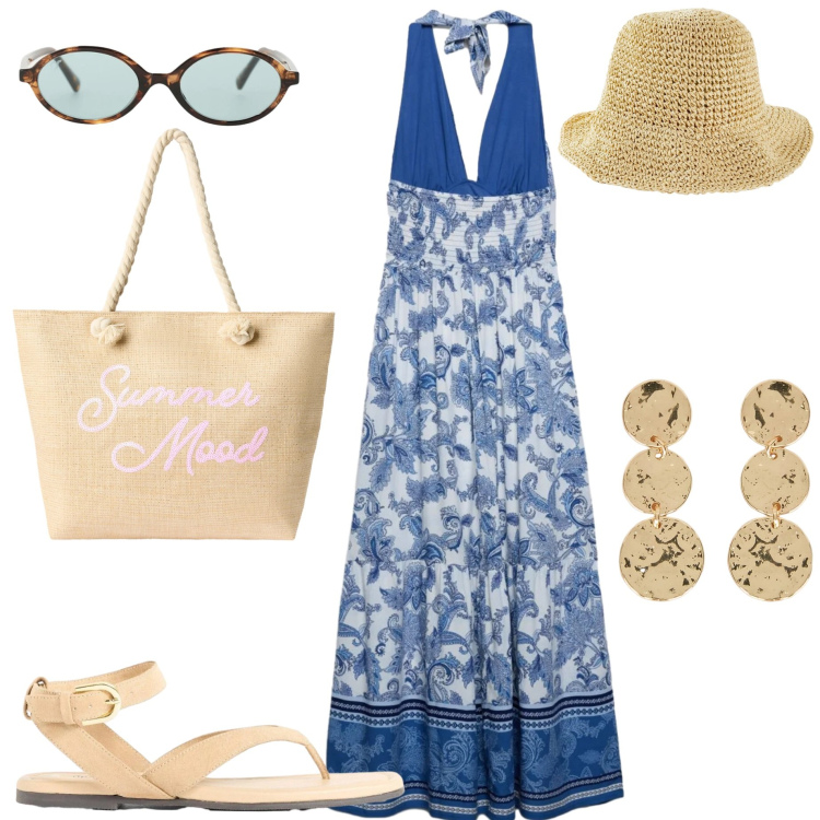 Outfit donna - Abiti fluidi sotto il sole. Stile Boho per Mare. Abbinamento con cappelli, sandali, borse tote, vestiti lunghi, occhiali da sole, orecchini.
