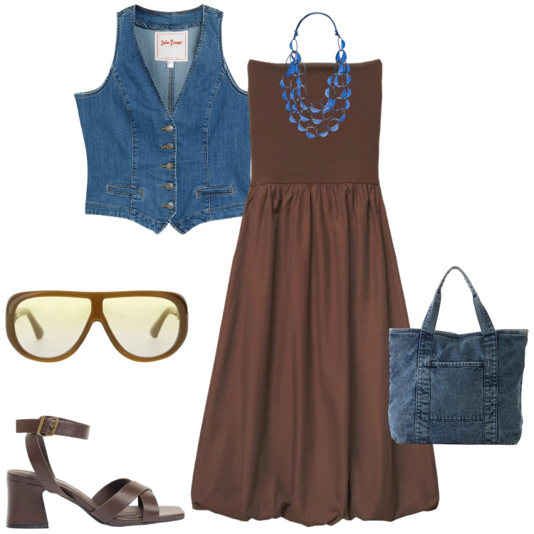 Outfit donna - Abiti fluidi sotto il sole. Stile Casual chic per Tutti i giorni. Abbinamento con gilet, sandali col tacco, shopping bag, vestiti midi/longuette, occhiali da sole, collane.