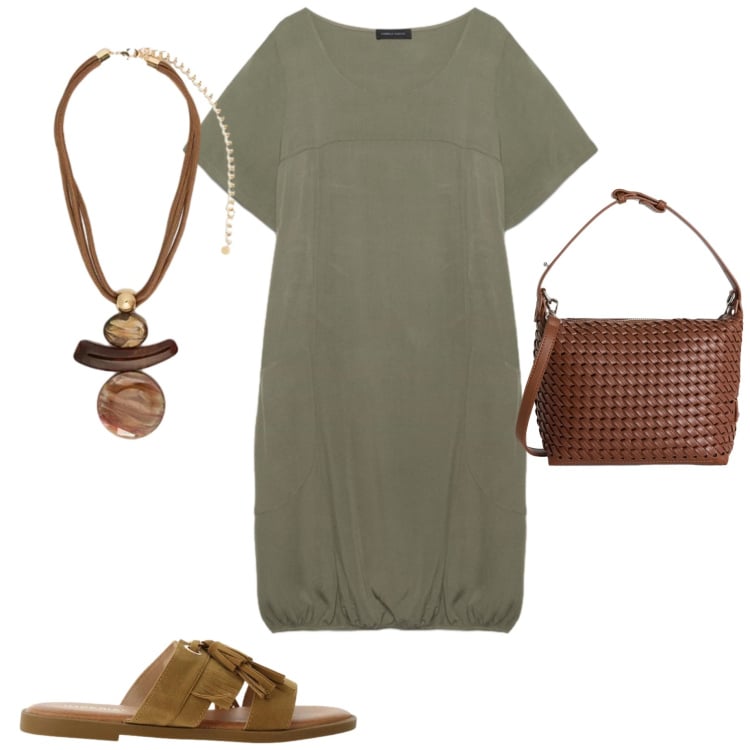 Outfit donna - Abiti fluidi sotto il sole. Stile Casual chic per Ufficio. Abbinamento con sandali, borse a spalla, vestiti, ciondoli.
