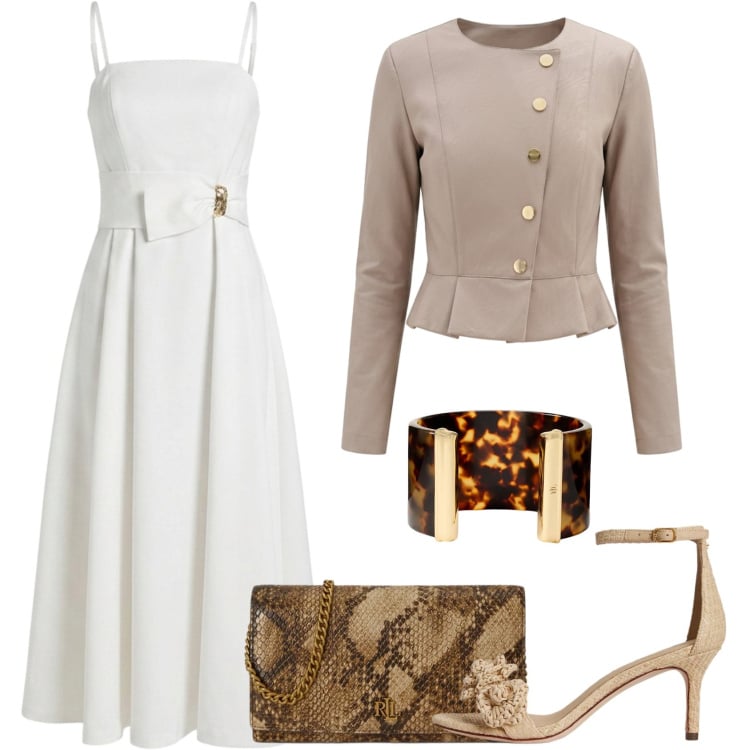 Outfit donna - Dettagli forti. Stile Chic per Cerimonia. Abbinamento con vestiti asimmetrici, giacche, sandali in pelle, borse a tracolla, braccialetti.