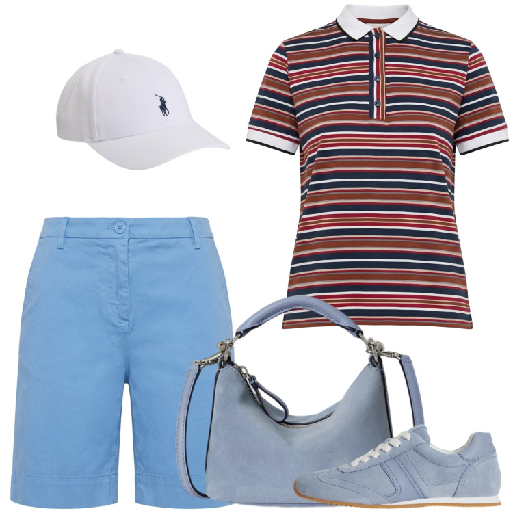 Outfit donna - Sotto il sole. Stile Casual per Tutti i giorni. Abbinamento con polo, bermuda, cappelli con visiera, sneakers, borse a spalla.