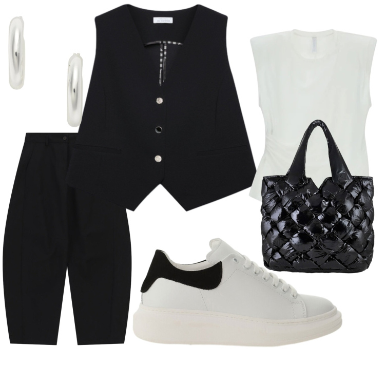 Outfit donna - Lavoro. Stile Casual per Tutti i giorni. look ideale per Petite. Abbinamento con pantaloni, sneakers, top, gilet, orecchini, borse tote.
