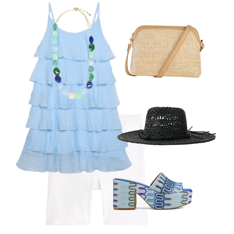 Outfit donna - Eleganza Vacanziera. Stile Casual chic per Mare. Abbinamento con borse a tracolla, leggings, vestiti corti, cappelli, collane, sabot.