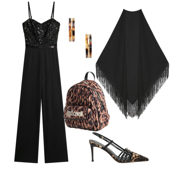 Outfit donna - Black Sparkle & Animal Chic. Stile Glamour per Serata fuori. Abbinamento con zaini, décolleté, tute, foulard, orecchini.