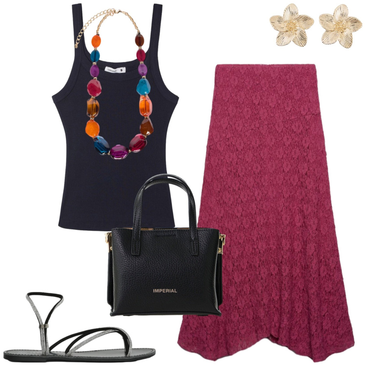 Outfit donna - Terranova. Stile Casual chic per Tutti i giorni. Abbinamento con orecchini, sandali, gonne lunghe, canottiere, borse a tracolla, collane.