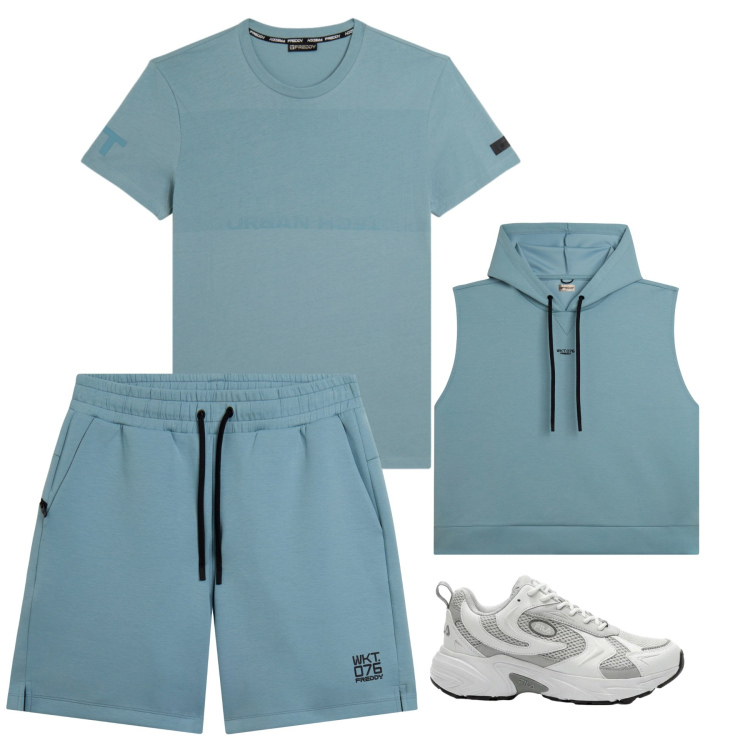 Outfit uomo - Sporty breeze. Stile Urban per Sport. Abbinamento con sneakers, t-shirt, felpe con cappuccio, pantaloni corti.