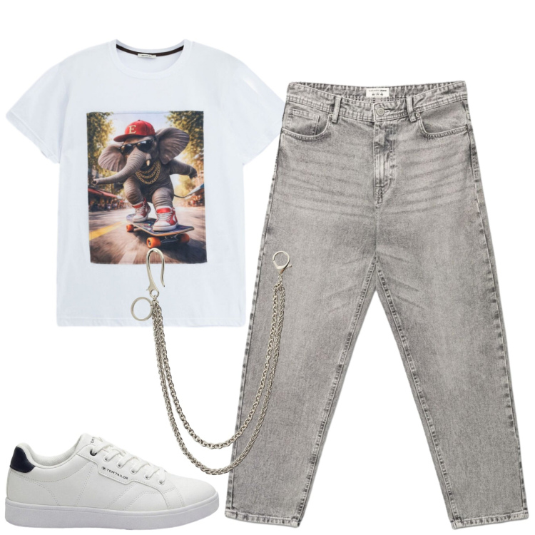 Outfit uomo - Giugno. Stile Casual per Tutti i giorni. Abbinamento con sneakers, jeans, t-shirt, portachiavi.