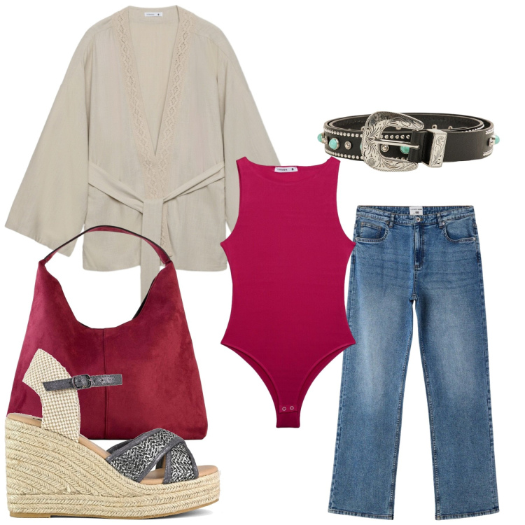 Outfit donna - Total look #2415975. Stile Casual per Ufficio. Abbinamento con borse a spalla, cinture, jeans dritti, kimono, top, zeppe.