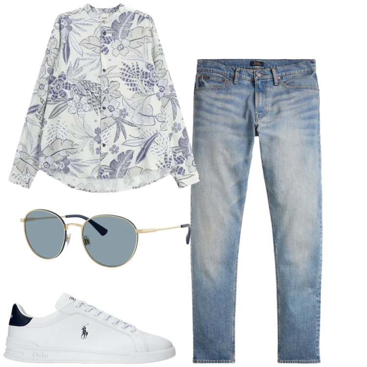 Outfit uomo - Aperitivo. Stile Trendy per Serata speciale. Abbinamento con camicie, sneakers, jeans, occhiali da sole.