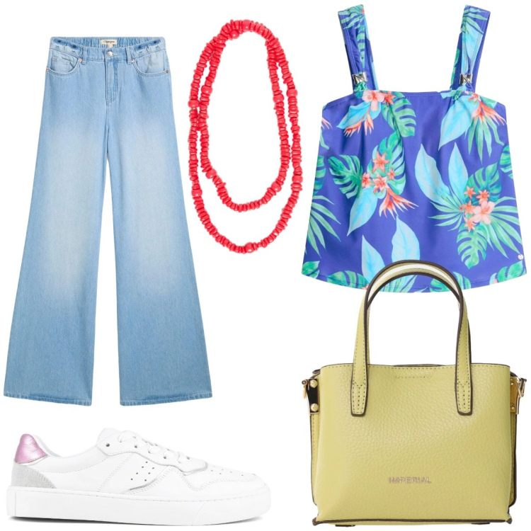 Outfit donna - Top e jeans. Stile Casual per Tutti i giorni. Abbinamento con jeans, canottiere, borse a tracolla, collane, sneakers.