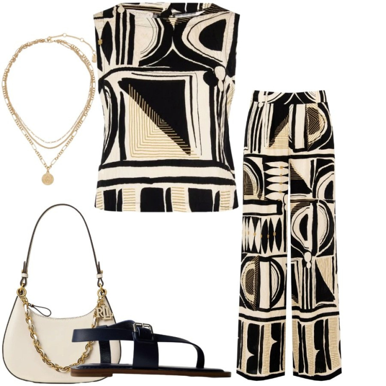 Outfit donna - Total look #2415979. Stile Casual chic per Tutti i giorni. Abbinamento con pantaloni a palazzo, top, ciondoli, borse a spalla, sandali in pelle.