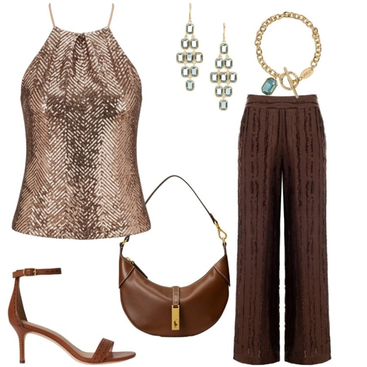Outfit donna - Total look #2415980. Stile Glamour per Serata fuori. Abbinamento con canottiere, pantaloni a palazzo, sandali in pelle, borse a spalla, orecchini, braccialetti.