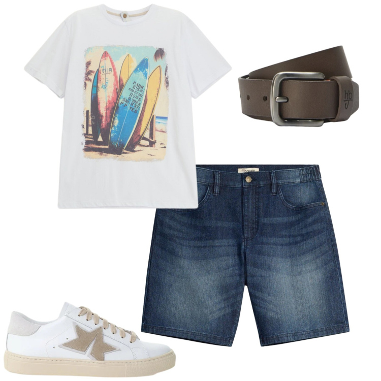Outfit uomo - Summer. Stile Casual per Tutti i giorni. Abbinamento con shorts, t-shirt, sneakers, cinture.