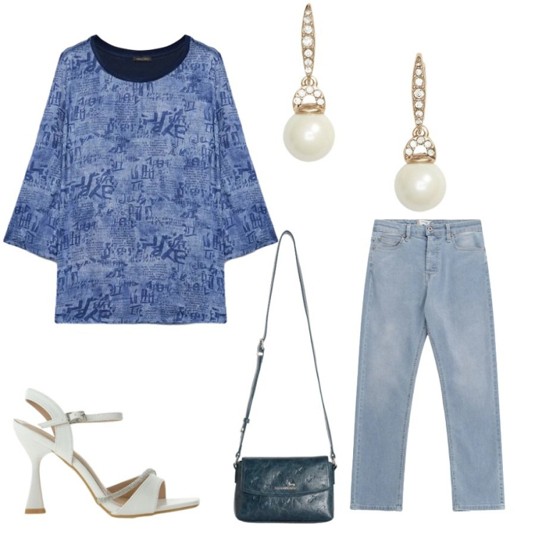 Outfit donna - Total look #2415984. Stile Casual chic per Tutti i giorni. Abbinamento con borse a tracolla, sandali gioiello, jeans, bluse, orecchini.