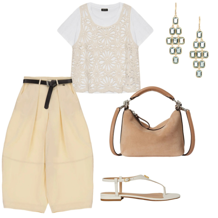 Outfit donna - In città. per Ufficio. Abbinamento con pantaloni a palazzo, t-shirt, sandali in pelle, borse a spalla, orecchini.
