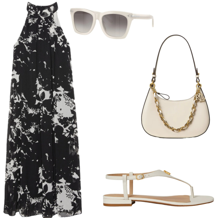 Outfit donna - Abiti fluidi sotto il sole. Stile Casual chic per Tutti i giorni. Abbinamento con vestiti lunghi, sandali in pelle, borse a spalla, occhiali da sole.