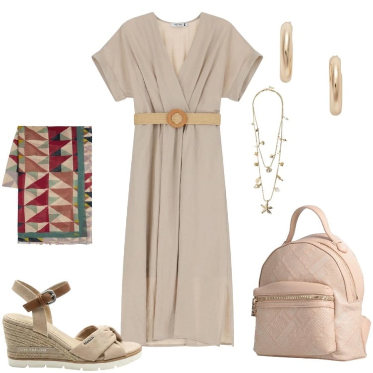 Outfit donna - Total look #2415989. Stile Casual chic per Tutti i giorni. Abbinamento con zaini, sandali col tacco, collane, sciarpe, vestiti midi/longuette, orecchini.