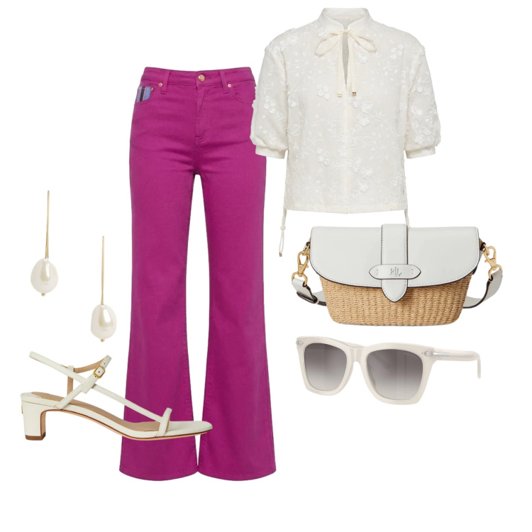 Outfit donna - Giugno. Stile Casual chic per Tutti i giorni. Abbinamento con bluse, pantaloni, borse a spalla, sandali in pelle, orecchini, occhiali da sole.