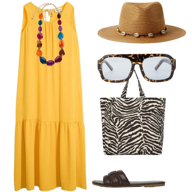 Outfit donna - Estate. per Tutti i giorni. Abbinamento con vestiti lunghi, cappelli, shopping bag, ciabatte, occhiali da sole, collane.