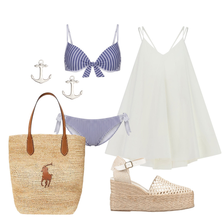 Outfit donna - Giugno. Stile Trendy per Mare. Abbinamento con espadrillas, vestiti corti, bikini, borse tote, orecchini.