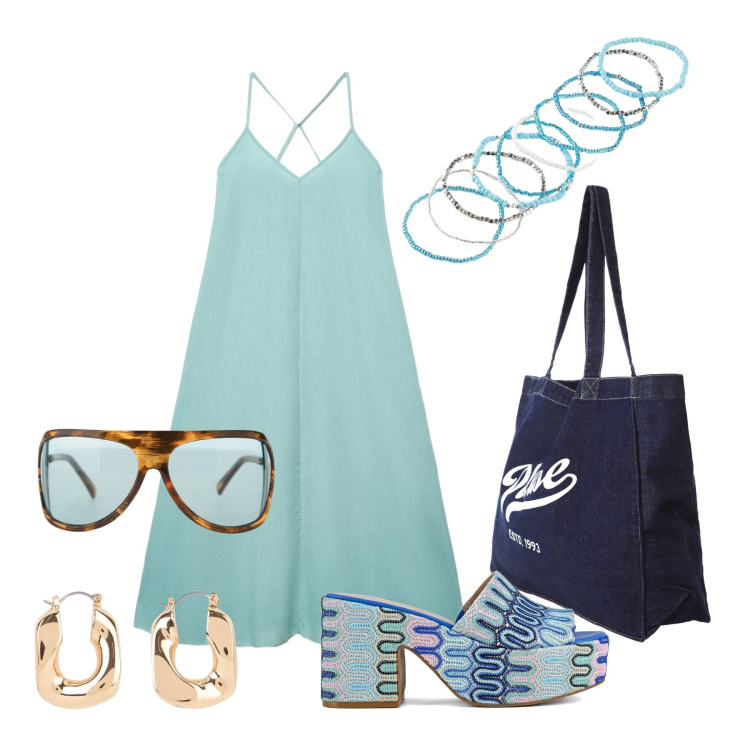 Outfit donna - Giugno. Stile Trendy per Tutti i giorni. Abbinamento con braccialetti, orecchini, vestiti lunghi, occhiali da sole, shopping bag, sabot.