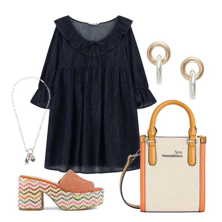 Outfit donna - Giugno. Stile Trendy per Tutti i giorni. Abbinamento con borse tote, vestiti corti, ciondoli, orecchini, sandali.