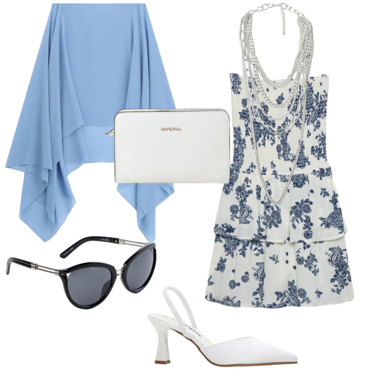 Outfit donna - Il battesimo di Samuele. Stile Chic per Cerimonia. Abbinamento con décolleté, occhiali da sole, vestiti corti, borse a tracolla, cappe, collane.