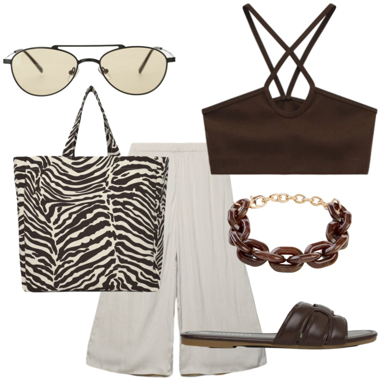 Outfit donna - Sii turista. Stile Trendy per Tutti i giorni. Abbinamento con braccialetti, shopping bag, pantaloni, ciabatte, occhiali da sole, top.