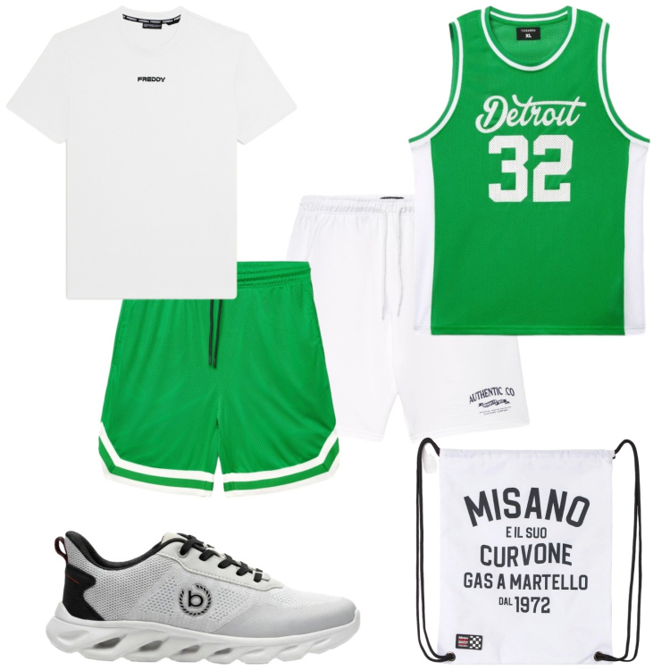 Outfit uomo - Due lanci. Stile Casual per Sport. Abbinamento con sneakers, borse sportive, bermuda, pantaloncini sportivi, shorts, t-shirt.