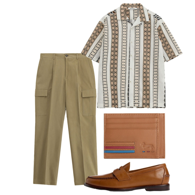 Outfit uomo - Giugno. Stile Casual per Tutti i giorni. Abbinamento con pantaloni cargo, camicie a manica corta, portafogli, scarpe stringate.