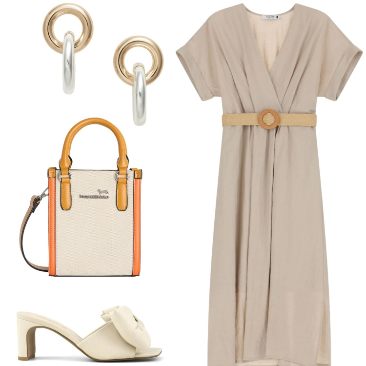 Outfit donna - Total look #2416017. Stile Casual chic per Tutti i giorni. Abbinamento con borse tote, vestiti midi/longuette, orecchini, sandali col tacco.